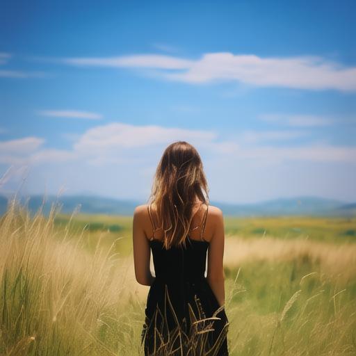 欧美色偷偷草原上的美女背影_自然风景_图库_素材_回车素材